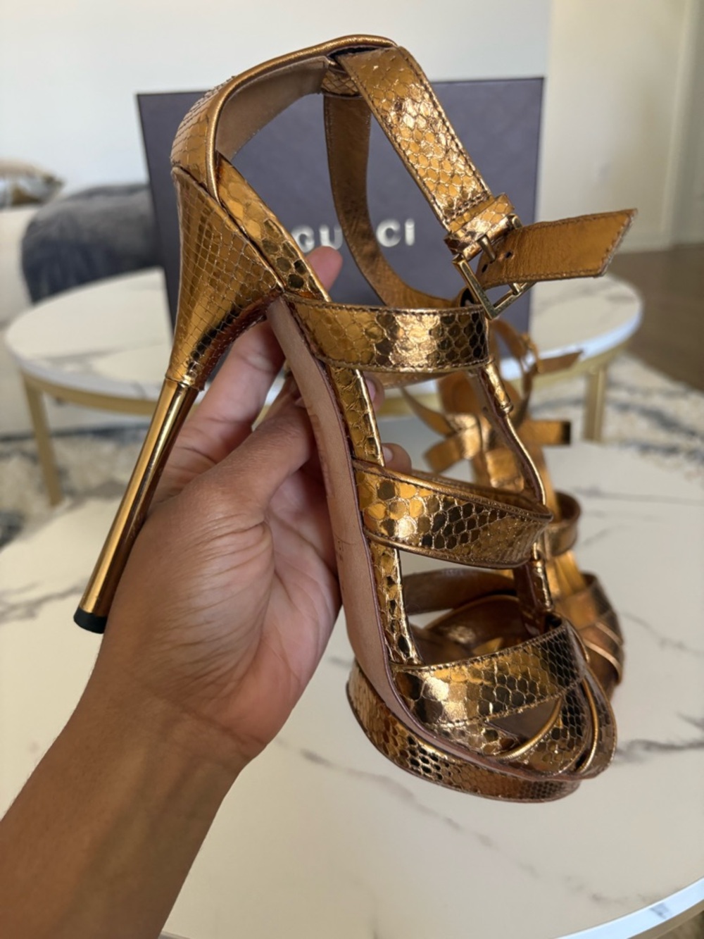 Gucci Gold Woven Snake-Embossed High Heels WITH BOX - Picture 9 of 12